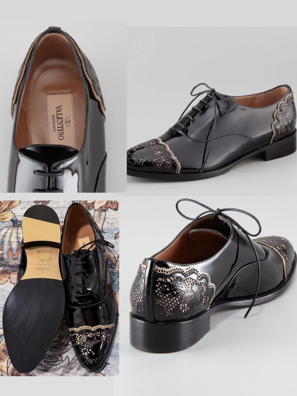 New! Valentino French Patent Leather Lace-Up Oxfords with nude lace detail